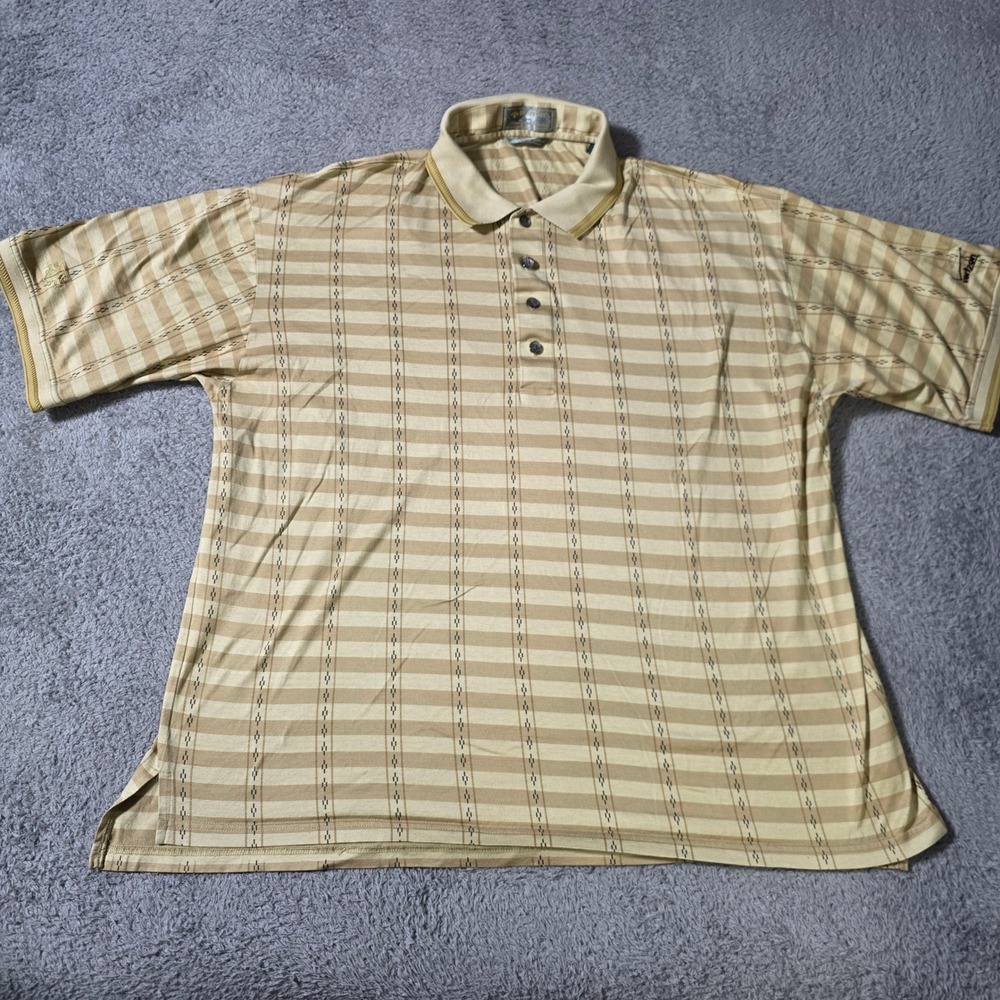 Descente Mens XL Polo Shirt Tan Striped Mercerized Egyptian Cotton Verizon Logo